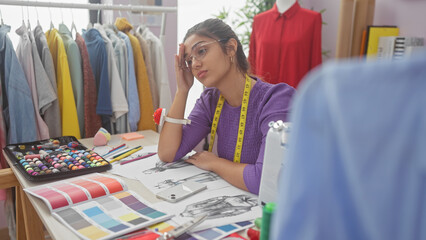 A contemplative hispanic woman tailor with glasses sits at her atelier surrounded by colorful...