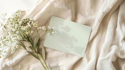 mockup of a blank card in light green laying on a simple minimalist table with light cotton tablecloth, simple, minimalist, cozy