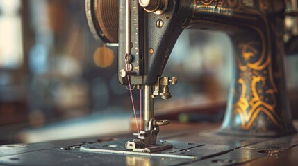 Vintage industrial sewing machine. A high angle and close-up view of an old-fashioned heavy duty sewing machine, with lamp, threaded ready for use inside a dressmaker's studio.