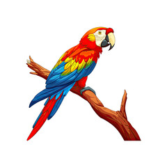 Fototapeta premium Cartoon Macaw Perched On A Tree Branch, Cartoon Illustration