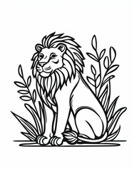 Obraz premium Black lion amidst serene foliage, illustrated in elegant black lines.