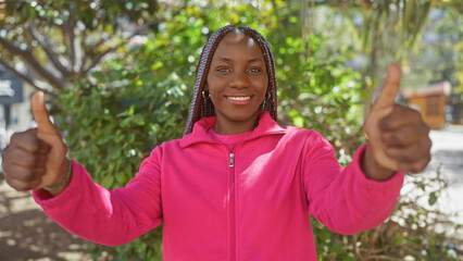 A cheerful african woman with braids giving a thumbs up in a lush outdoor park environment.