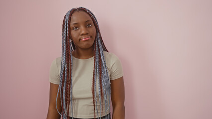 Portrait of a beautiful adult black woman with braids against an isolated pink background