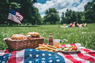 Fototapeta premium Celebrating Independence Day with a patriotic picnic in the park, featuring American flags and traditional summer foods.