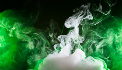 Thick green white smoke on black background. Beautiful abstraction. Fluffy smoke cloud.