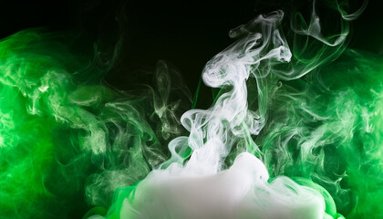 Fototapeta premium Thick green white smoke on black background. Beautiful abstraction. Fluffy smoke cloud.