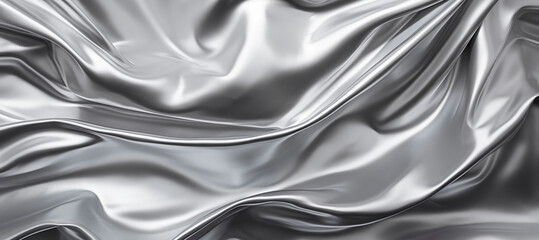 Silver texture of silk fabric with folds. Smooth, elegant gray silk. Satin texture as background....