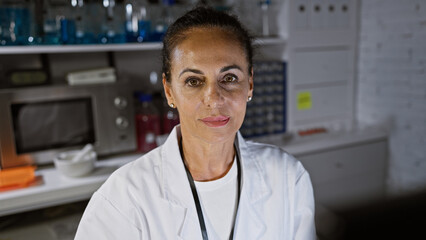 Confident hispanic woman with labcoat and lanyard standing in a research laboratory.