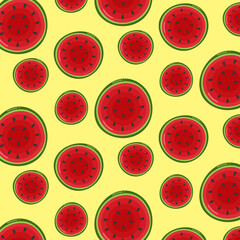 A summer pattern with watermelons in a section on a yellow background of different sizes in the flat style.