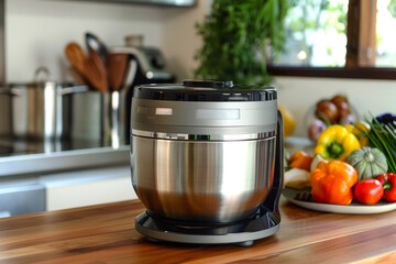 A stainless steel food processor with a large capacity bowl, perfect for batch cooking and entertaining.