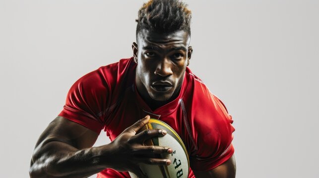 A man in a red jersey is holding a rugby ball in front of his body.