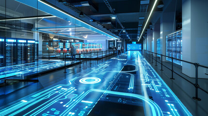 Data center with a live data stream floor, where visitors can see real-time network traffic and data processing.