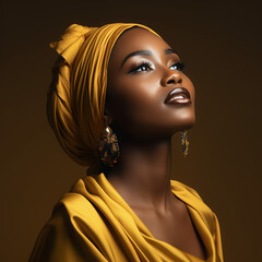 Side view of a strong black woman female leader with afro in a black top and ear rings all smiles, looking beautiful 