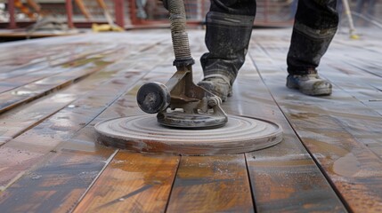 Wooden terrace floor restoration. Cleaning dust after sanding.