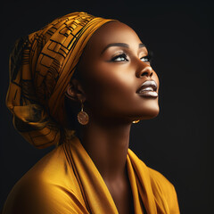 Side view of a strong black woman female leader with afro in a black top and ear rings all smiles, looking beautiful 