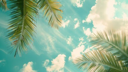 tropical beach and nature green palm leaf with blue sky white cloud abstract background. Copy space of summer vacation and business travel concept. Vintage tone filter color style. summer day - Powered by Adobe