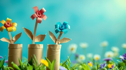 toilet paper roll craft concept for kid and kindergarten, DIY, tutorial, spring flower toy, recycle art