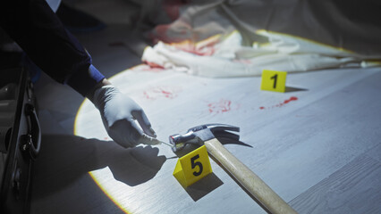 A forensic investigator examines a bloodied hammer at a crime scene with evidence markers in a...