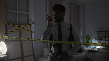 An african american policeman in a room communicates via walkie-talkie at a crime scene indoors.