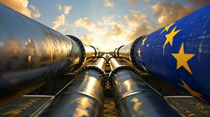 Pipes of gas or oil from Russia to European Union. Sanctions concept. 3D rendered illustration.