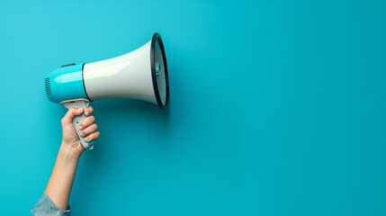 A hand is shown holding a megaphone against an blue background, symbolizing communication or announcement. The image is dynamic and attention-grabbing, with copy space