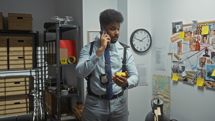 African american detective in office with evidence board talking on phone.