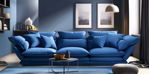 Stylish blue sofa in a cozy living room with blue background. Concept Blue Sofa, Cozy Living Room, Stylish Decor, Home Interior, Blue Background