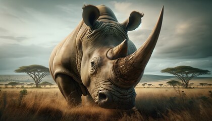 Close-Up of a Majestic Rhinoceros in a Natural Setting at Dusk