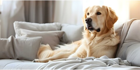 Golden retriever dog relaxing on a sofa in a contemporary living room. Concept Pet Photography, Interior Design, Home Decor, Lifestyle, Animal Companions