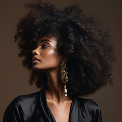 Side view of a strong black woman female leader with afro in a black top and ear rings all smiles, looking beautiful 