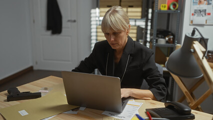 A focused woman detective analyses evidence at her police station office, surrounded by documents...