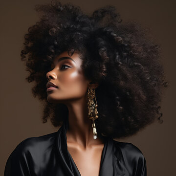 Side view of a strong black woman female leader with afro in a black top and ear rings all smiles, looking beautiful 