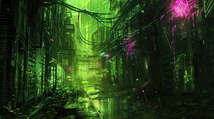 Obraz premium post-apocalyptic city narrow street, lime green lights background