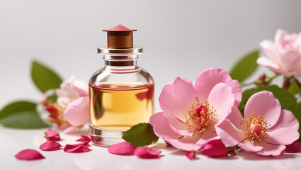 A transparent perfume bottle with a brown cap is sitting on a white surface. Pink roses are sitting around the bottle.

