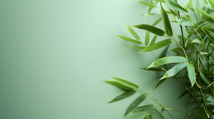 Fototapeta premium Calm bamboo foliage on a light green surface, creating room for text