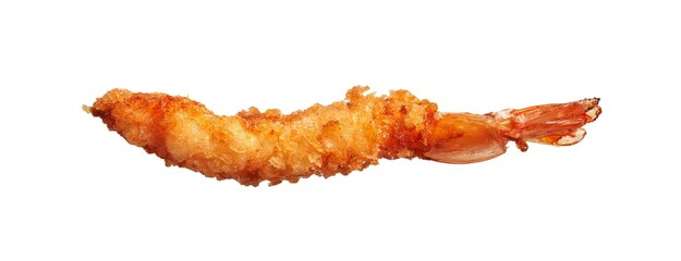 Isolated deep-fried shrimp with crispy batter on a white background, visible tail, seafood cuisine...