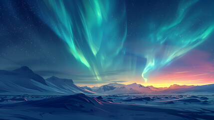 Aurora Over Frozen Tundra: A vast arctic spectacle under the dance of the northern lights   flat design backdrop concept