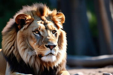 Fototapeta premium portrait of a lion, focus that details its intense gaze and magnificent mane. The background is softly blurred. majestic beauty of wildlife