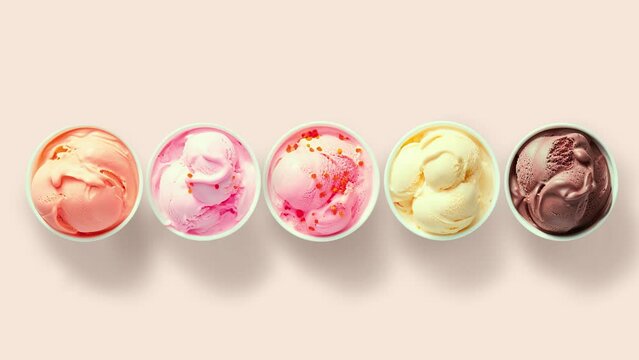 Ice cream row assortment multicolored top view turning around dessert summer sweets tasty unhealthy food refreshing cool