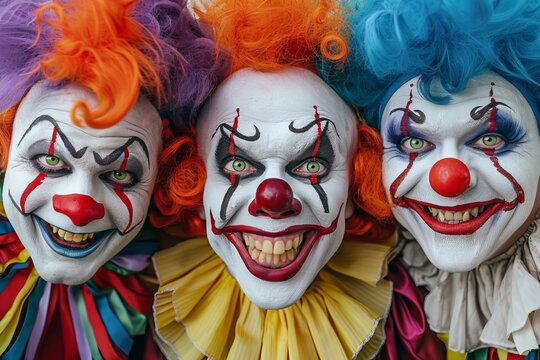Closeup of three cheerful clowns in vibrant costumes and theatrical makeup, symbolizing humor and entertainment