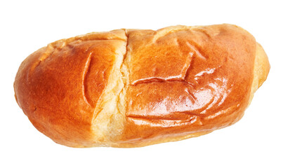 Isolated whole wheat bread loaf with a shiny crust on a white background