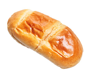 Top view of a fresh, golden-brown loaf of bread isolated on white background.