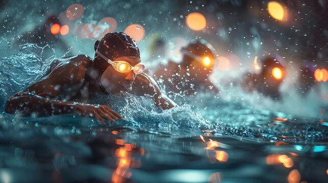 A female swimmer with goggles and a cap dynamically cuts through water during a competitive swimming event at night, illuminated by ambient light