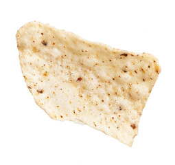 Close-up view of a single crispy tortilla chip isolated on a white background, suggestive of snacks and mexican cuisine.