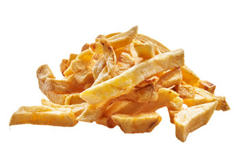 Crispy golden french fries isolated on a white background, illustrating fast food and snacks.
