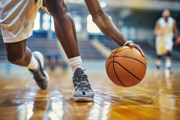 Naklejka premium Intense basketball game with player dribbling fast on shiny wooden court.