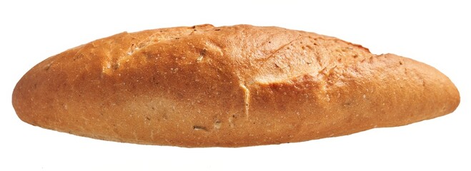 Isolated fresh baked whole loaf of wheat bread on white background.