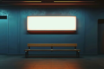 Solitary bench under a glowing blank ad billboard in an empty subway station at night
