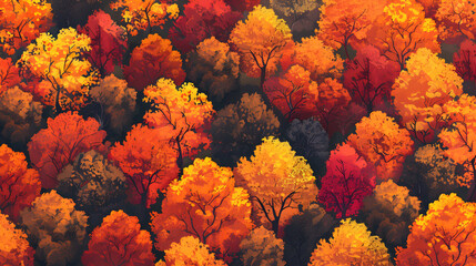 Naklejka na ściany i meble Autumn s Splendor: Flat Design Backdrop of Forest Canopy in Fall View the Fiery Mix of Yellows and Reds from Above in this Illustration