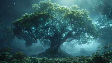 big tree with dense leaves with fog and neon effects